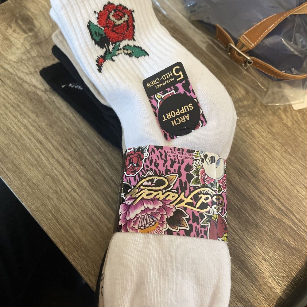 Ed Hardy Womens Crew Socks 5 Pack White Tan Black Rose Winged Heart New NWT